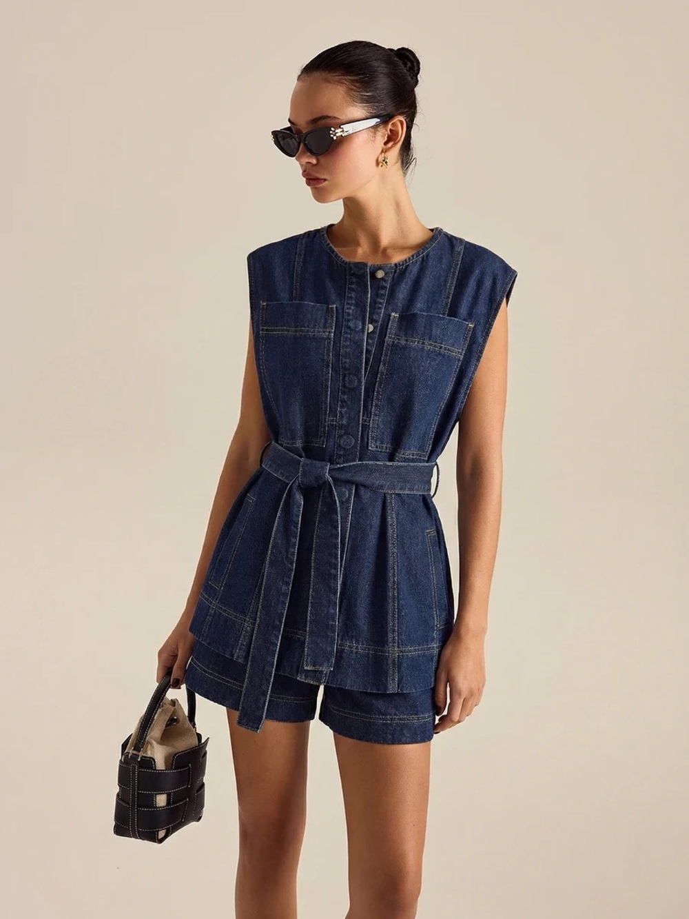 Commense Belted Denim Sleeveless Vest & Shorts Set